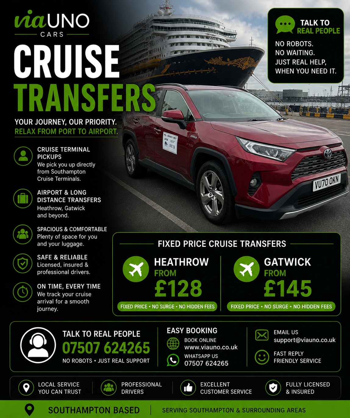 Southampton cruise transfer gatwick heathrow estate taxi