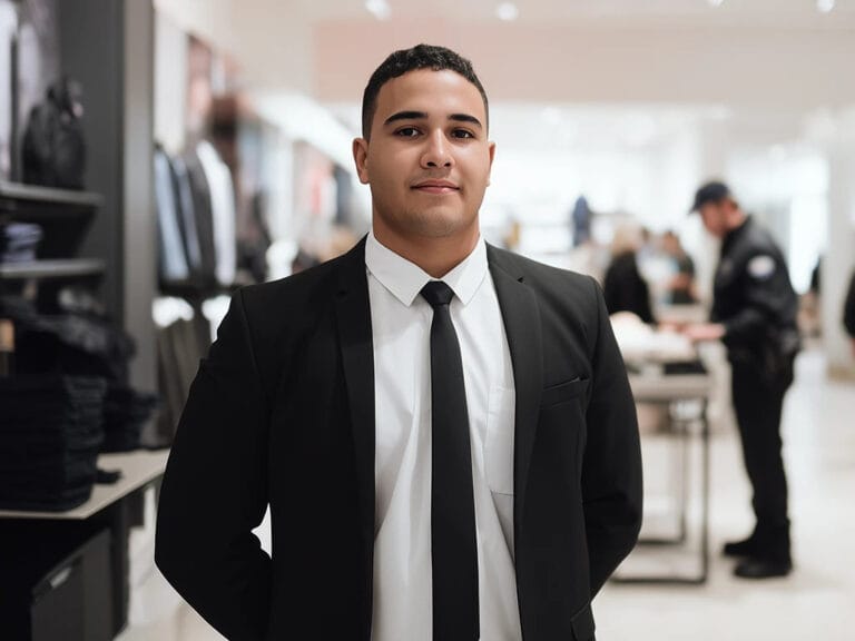 camera medium full shot smiling guard in a white for retail smal image 768x576