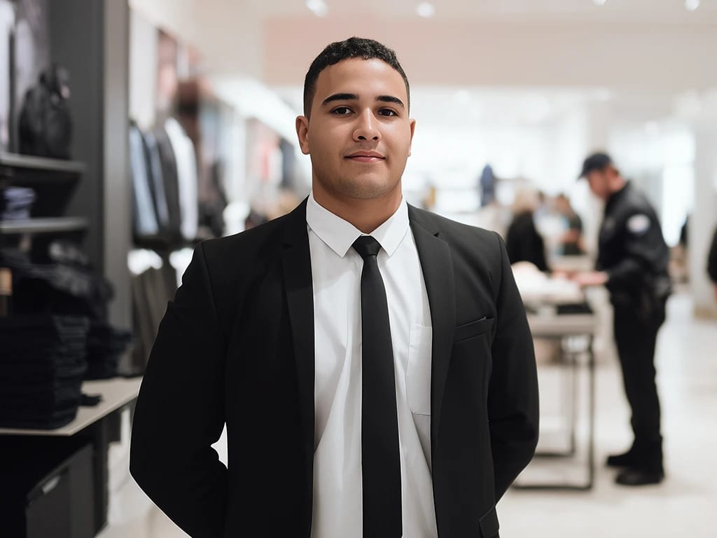 camera medium full shot smiling guard in a white for retail smal image